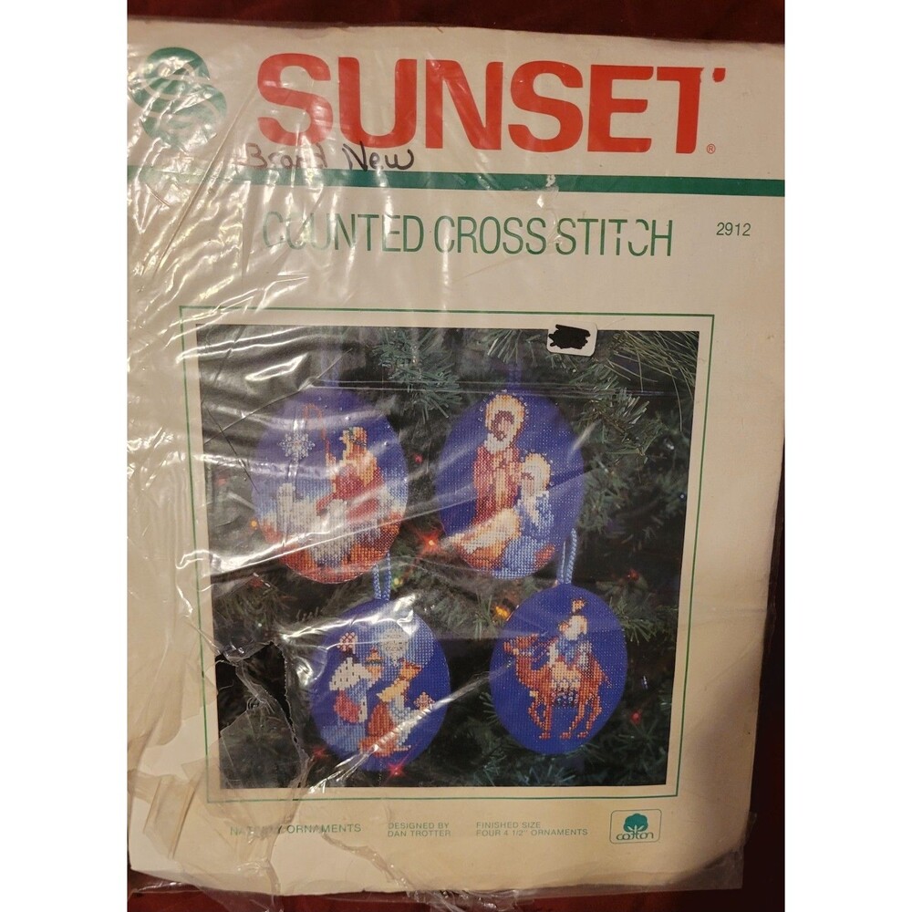 Vtg SUNSET Christmas NATIVITY Ornaments Counted Cross Stitch Kit 2912 Open Pkg